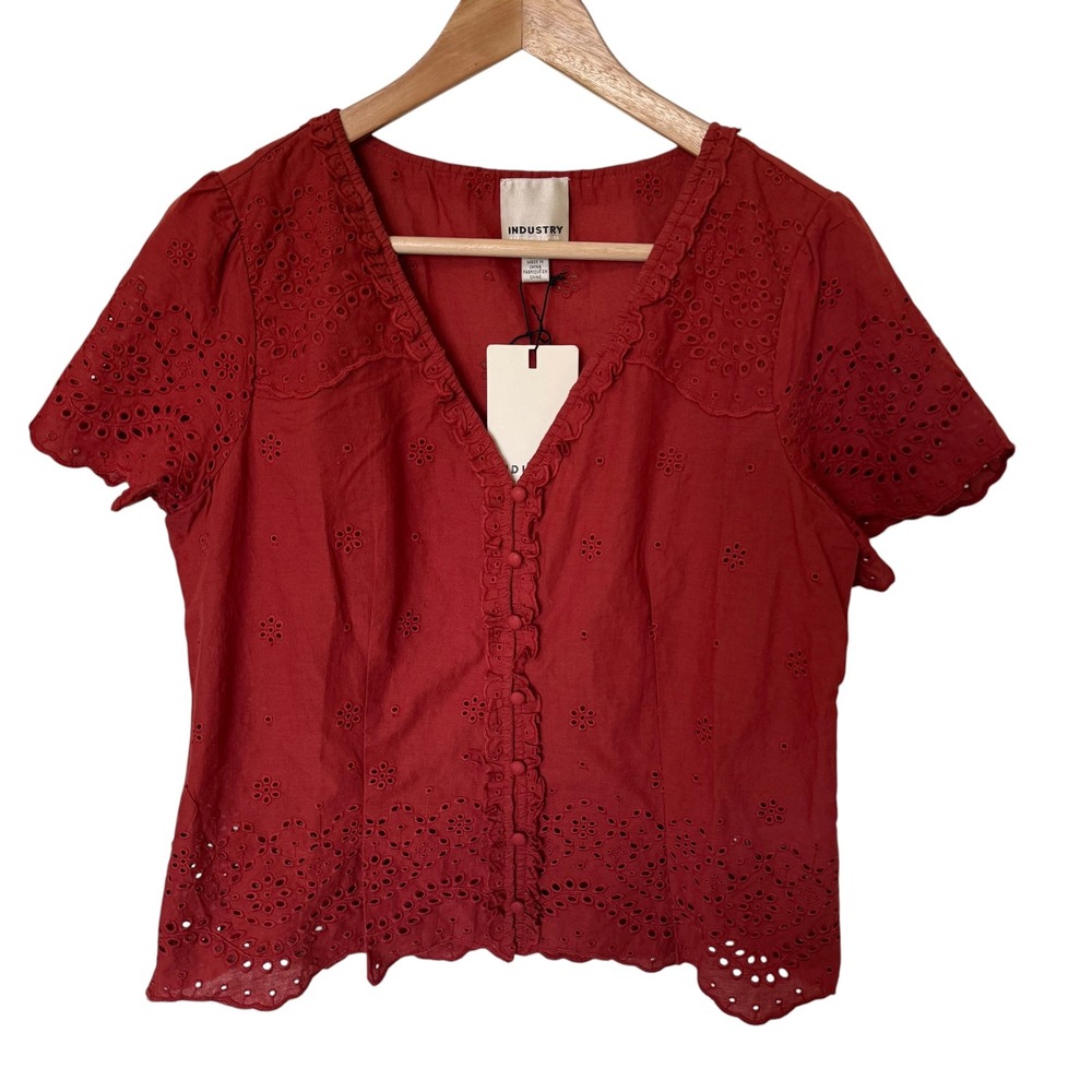 Industry Eyelet Blouse Women Medium Red NEW Button Front Ruffle V-Neck Cotton